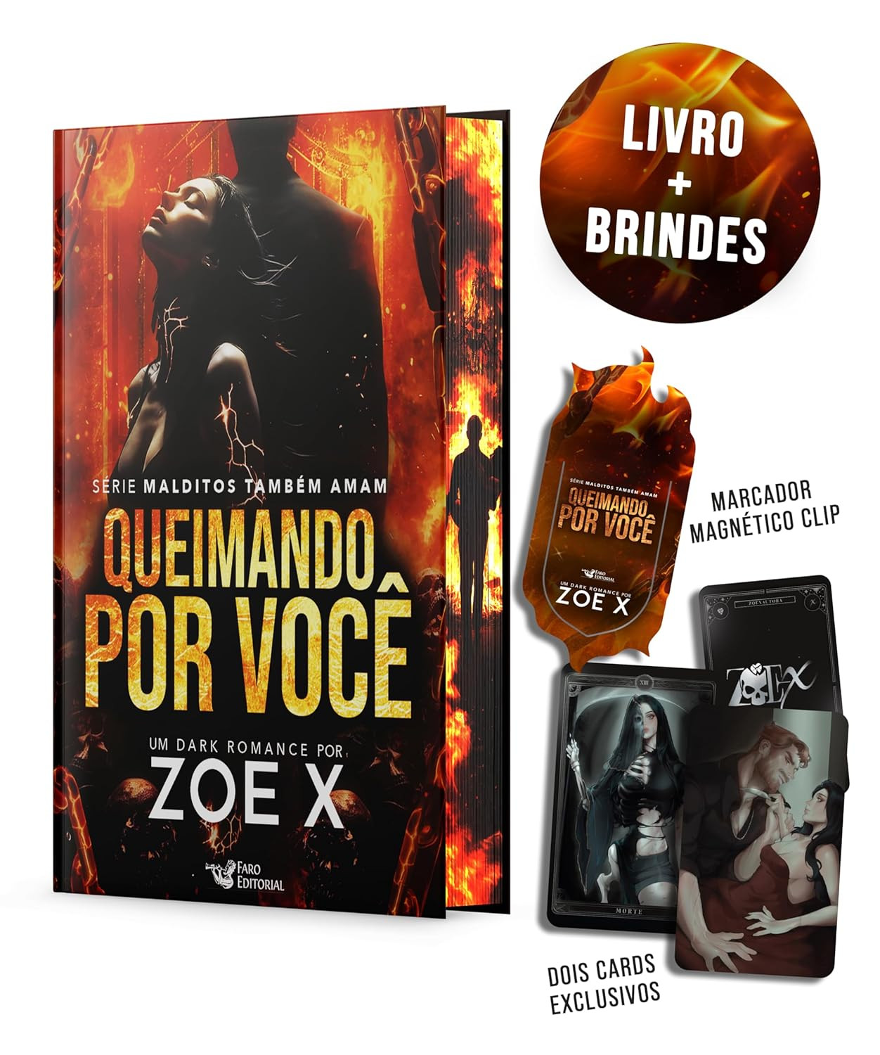 Queimando por você — Zoe X, dark romance que vicia|ebook 1 Capa do livro Queimando por você de Zoe X - dark romance com Benjamin e Valentina enfrentando traumas e a Morte