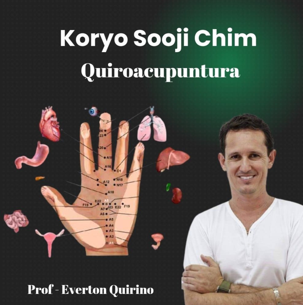 Imagem promocional do curso online Quiropuntura Koryo Sooji Chim mostrando mãos com pontos de energia