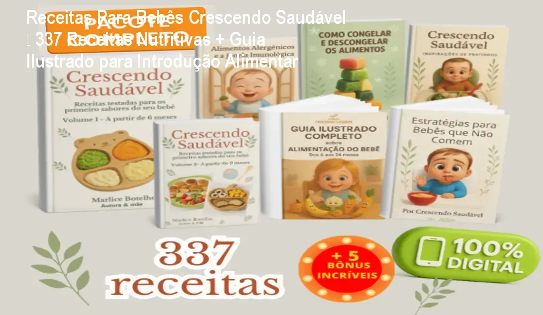 Receitas Para Bebês Crescendo Saudável – 337 Receitas Nutritivas + Guia Ilustrado para Introdução Alimentar 1 Ebook de receitas saudáveis para bebês com 337 opções e guia ilustrado de introdução alimentar
