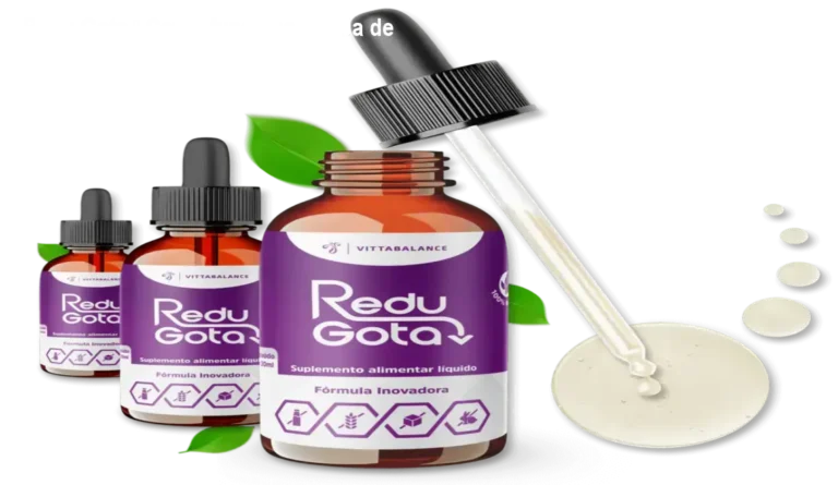 Frasco de Redu Gota em gotas sublinguais ao lado de frutas, mostrando como acelerar o metabolismo e reduzir a barriga