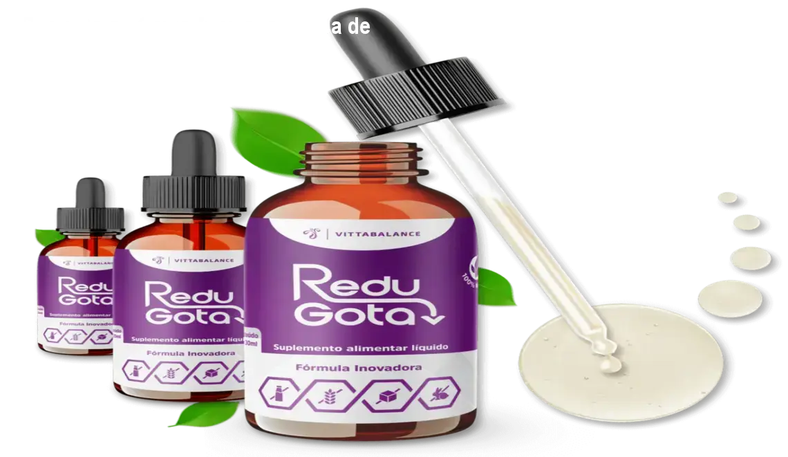 Frasco de Redu Gota em gotas sublinguais ao lado de frutas, mostrando como acelerar o metabolismo e reduzir a barriga