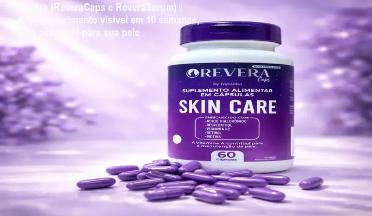 Kit Revera com cápsulas e sérum sendo aplicado no rosto, mostrando pele mais firme e iluminada