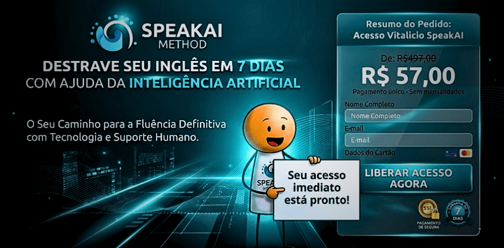 Imagem ilustrando o método SpeakAI que ajuda iniciantes a destravar a fala em inglês usando frases reais e IA adaptativa