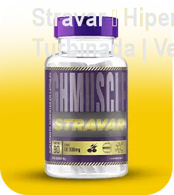 Frasco de Stravar com cápsulas ao lado, ilustrando o uso antes de dormir para ganho de massa muscular e aumento da libido