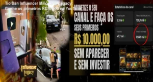Curso Influencer Milionário Legacy de Tio San mostrando tela de ganhos de R$10.000 no Adsense