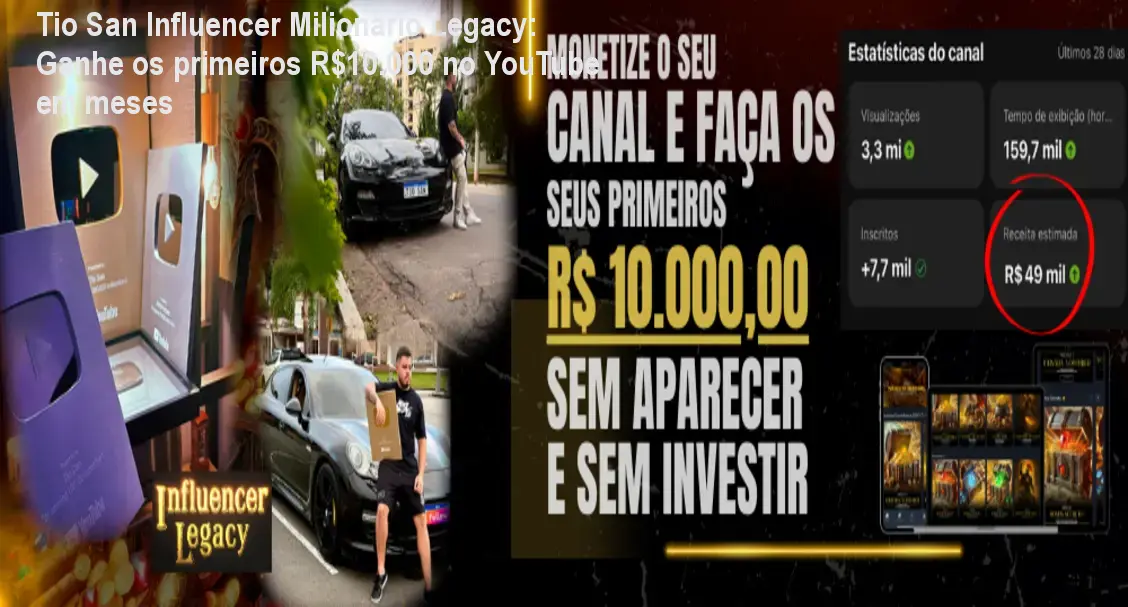 Curso Influencer Milionário Legacy de Tio San mostrando tela de ganhos de R$10.000 no Adsense