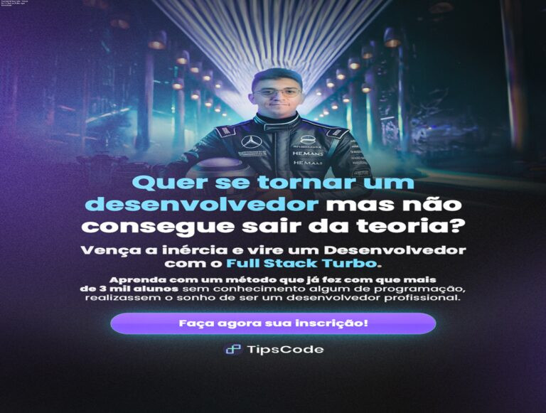 Imagem do curso Full Stack Turbo da TipsCode mostrando um desenvolvedor trabalhando com React e Node, pronto para vagas internacionais em dólar