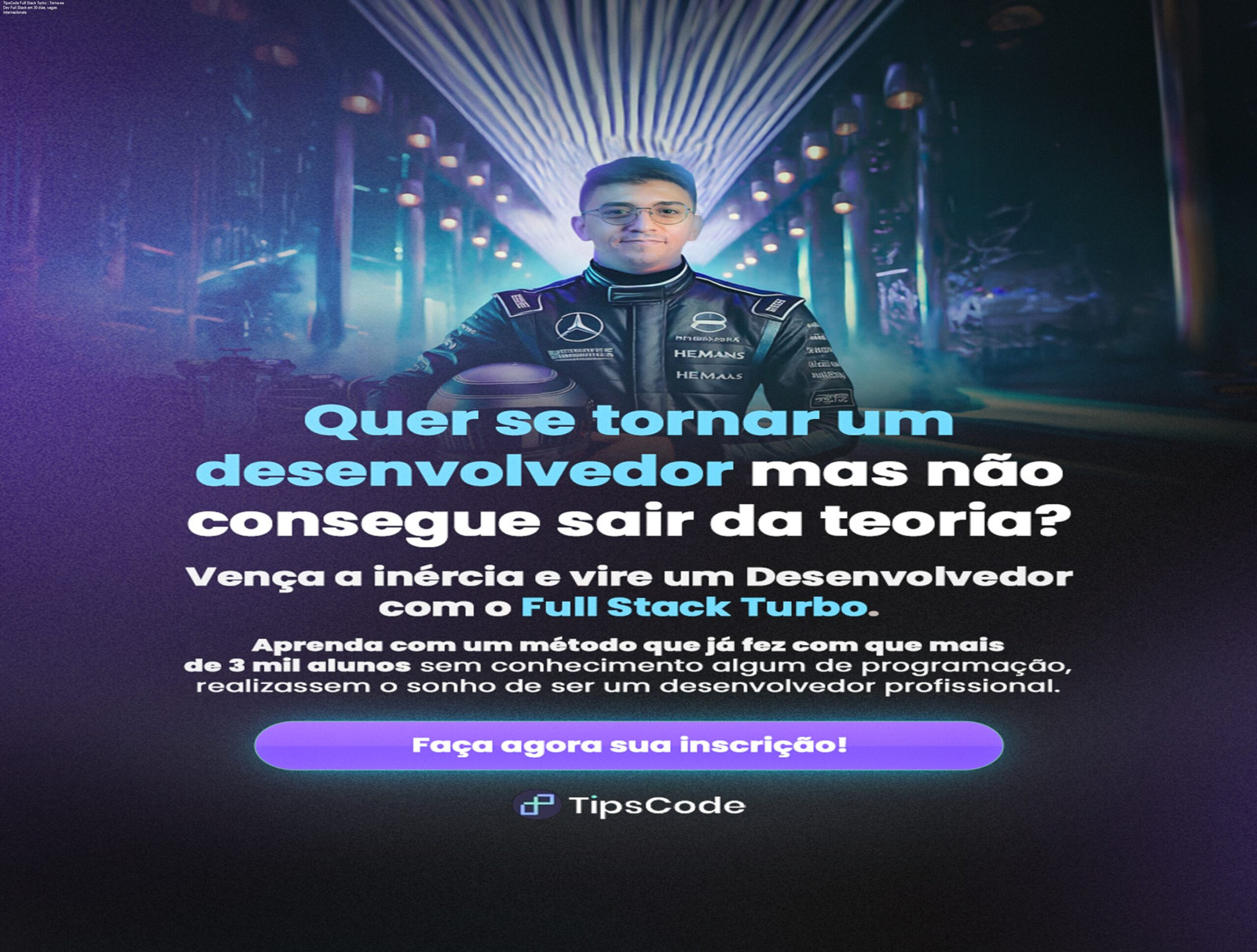 Imagem do curso Full Stack Turbo da TipsCode mostrando um desenvolvedor trabalhando com React e Node, pronto para vagas internacionais em dólar