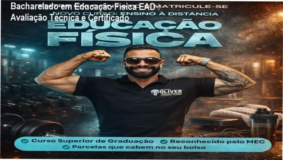 Imagem promocional do Bacharelado em Educação Física EAD da Hotmart, destacando certificado e flexibilidade