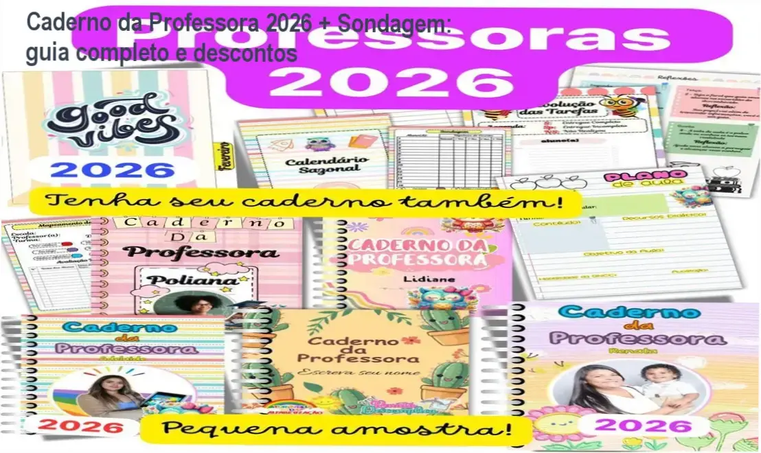 Capa personalizada do Caderno da Professora 2026 com destaque para cupons de desconto
