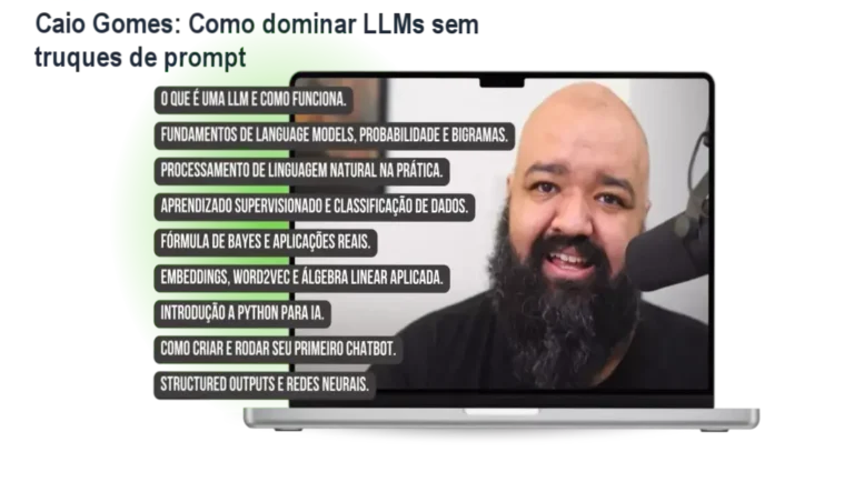 Caio Gomes apresentando o curso O Senhor das LLMs, foco em soluções IA práticas