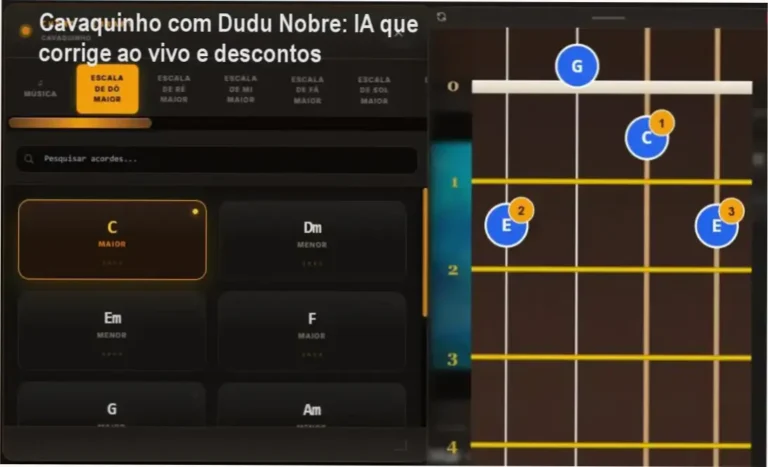 Tela do curso Cavaquinho com Dudu Nobre mostrando correção de áudio em tempo real e oferta beta