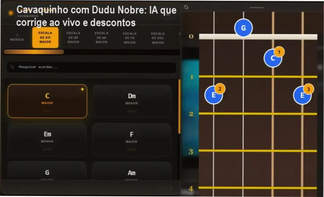 Tela do curso Cavaquinho com Dudu Nobre mostrando correção de áudio em tempo real e oferta beta