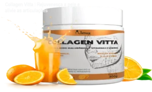 Frasco de Collagen Vitta da Natturabio ao lado de cápsulas, evidenciando pele firme e articulações saudáveis