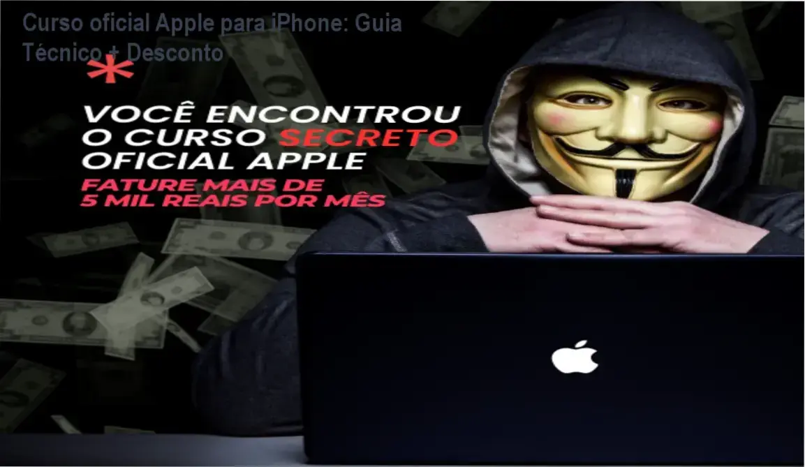 Curso oficial Apple para iPhone com oferta de cupom, mostrando tela de aula prática