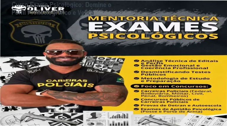 Imagem promocional do curso de exame psicológico de Mateus Oliver, destacando preparação emocional e perfil profissiográfico