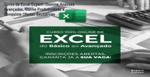 Imagem do Curso de Excel Expert mostrando planilhas automatizadas e destaque de produtividade para profissionais
