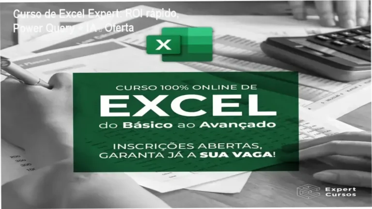 Capa do Curso de Excel Expert mostrando ROI, Power Query, IA e preço promocional