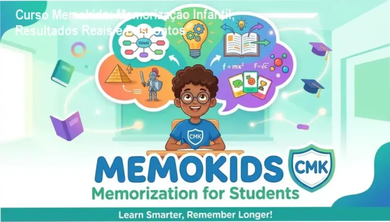 Imagem promocional do Curso Memokids com destaque para técnicas de memorização e cupom de desconto