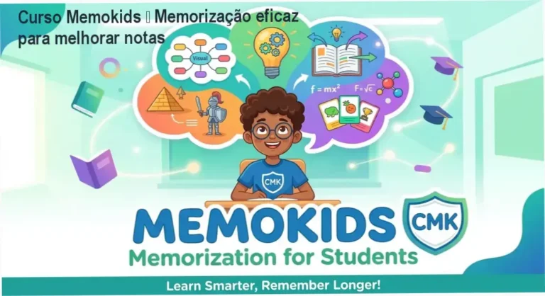 Curso Memokids – Memorização eficaz para melhorar notas 7 Imagem promocional do Curso Memokids mostrando técnicas de memorização para estudantes