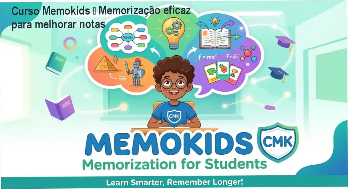 Imagem promocional do Curso Memokids mostrando técnicas de memorização para estudantes