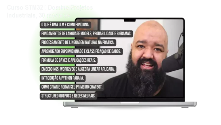 Imagem do Curso STM32 de Gabriel Vigiano mostrando projetos industriais reais e aprendizado prático de microcontroladores