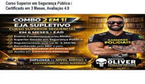 Imagem mostrando a página do Curso Superior Sequencial de Gestão em Segurança Pública e Privada, destacando a certificação rápida em 3 meses.