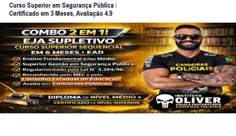 Imagem mostrando a página do Curso Superior Sequencial de Gestão em Segurança Pública e Privada, destacando a certificação rápida em 3 meses.