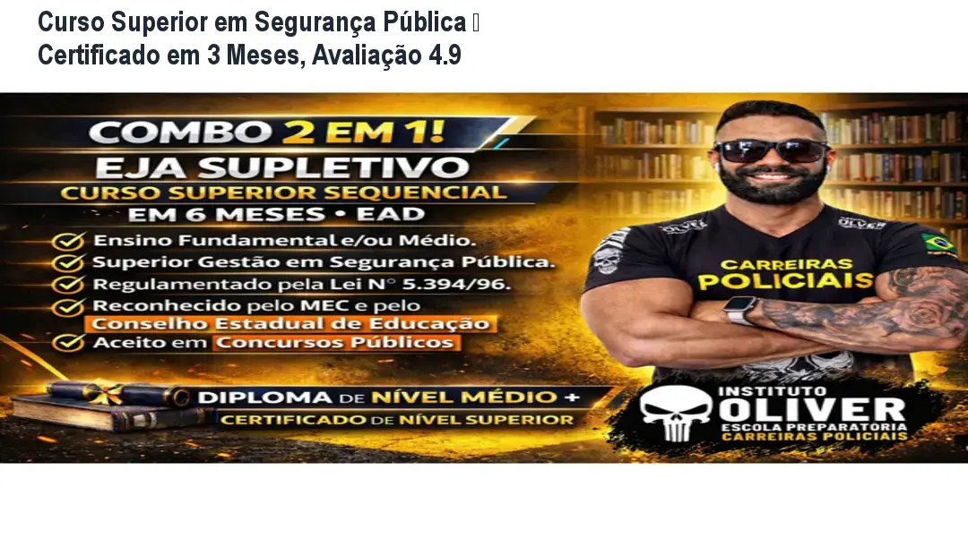 Imagem mostrando a página do Curso Superior Sequencial de Gestão em Segurança Pública e Privada, destacando a certificação rápida em 3 meses.