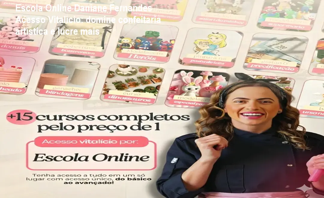Tela da escola online Daniane Fernandes mostrando a técnica de Pasta de Leite em Pó e módulos de gestão para confeiteiras