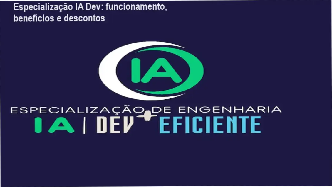 Imagem promocional da Especialização IA Dev mostrando benefícios e cupom de desconto