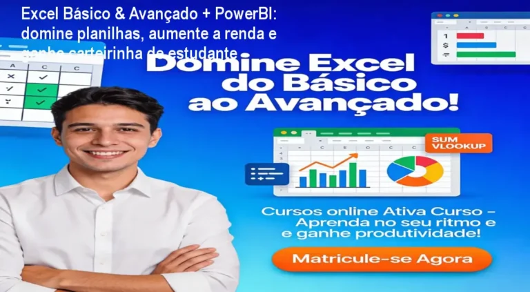 Aluno estudando Excel avançado e PowerBI em laptop, aproveitando o benefício da carteirinha de estudante