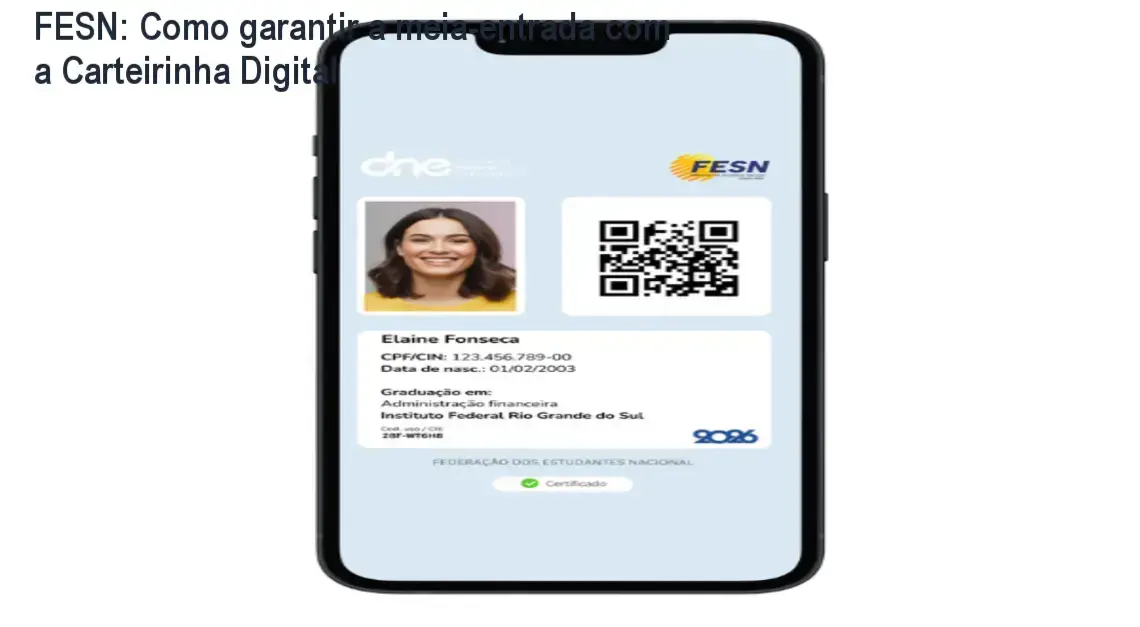 Carteirinha Nacional do Estudante Digital mostrando QR Code para meia‑entrada em eventos