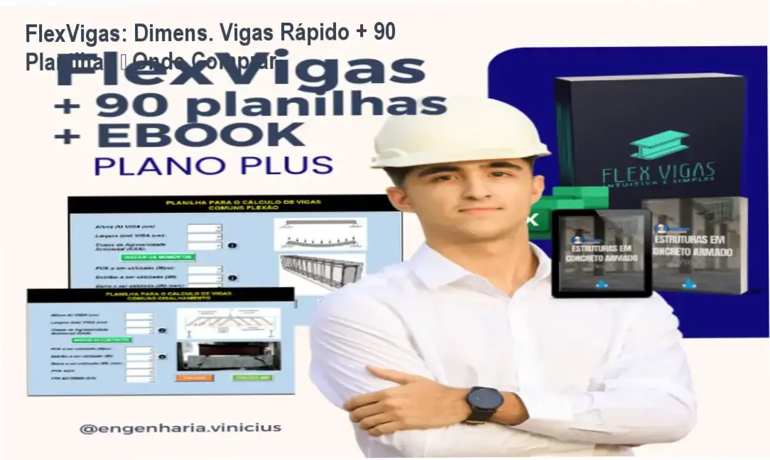 Tela da planilha FlexVigas mostrando cálculo automático de vigas e relatório PDF