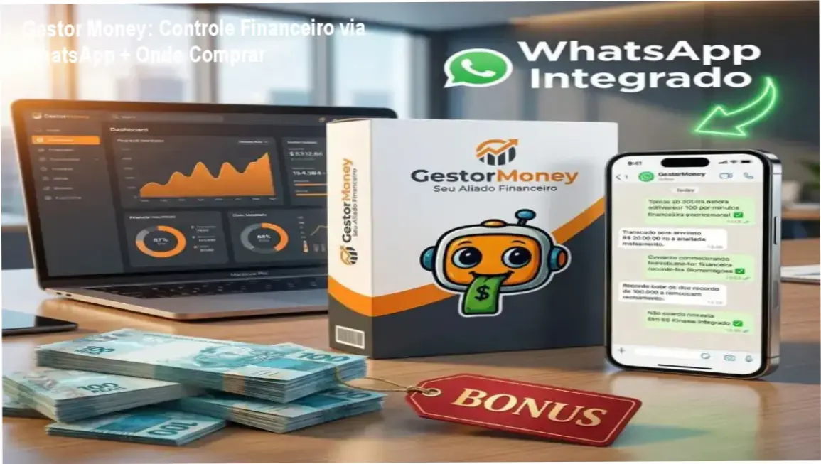 Tela do Gestor Money mostrando registro de despesas pelo WhatsApp e painel de gráficos