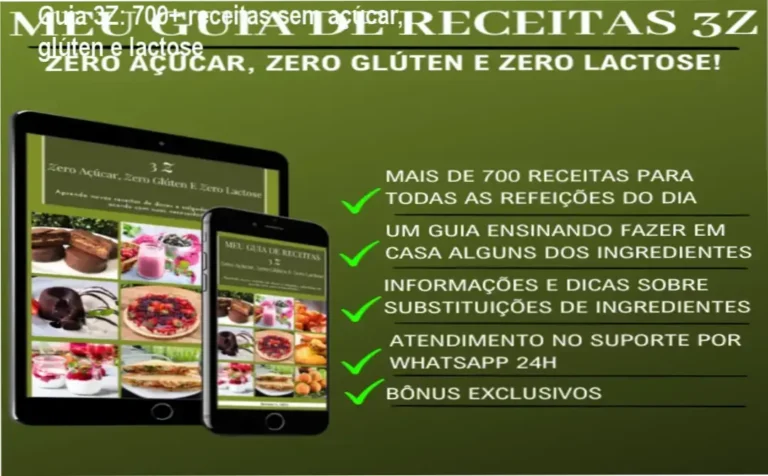 Guia 3Z: 700+ receitas sem açúcar, glúten e lactose 7 Capa do ebook Guia 3Z mostrando receitas sem açúcar, glúten e lactose