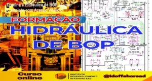 Tela do curso Formação em Hidráulica de BOP mostrando diagramas hidráulicos e aulas práticas