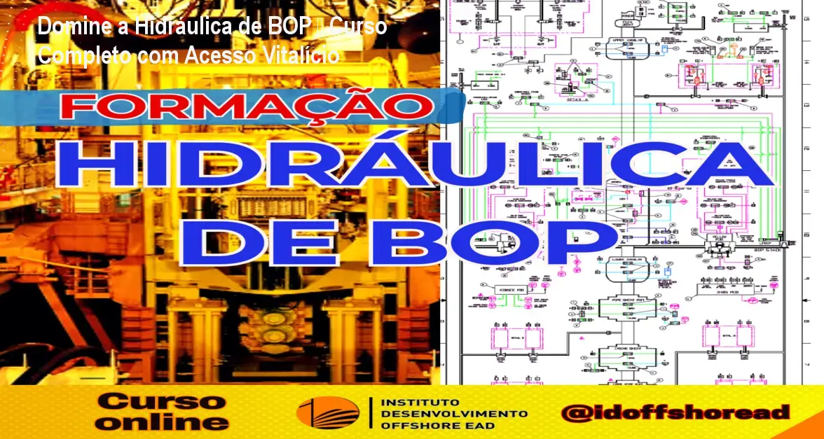 Tela do curso Formação em Hidráulica de BOP mostrando diagramas hidráulicos e aulas práticas