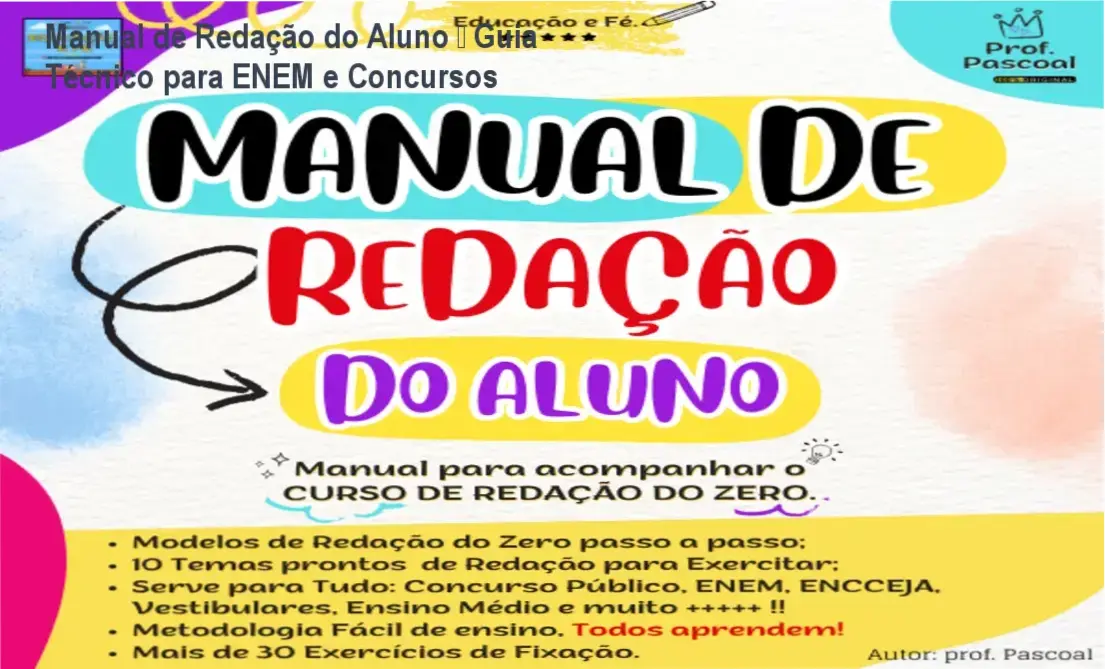 Capa do Manual de Redação do Aluno mostrando método passo a passo para ENEM e concursos