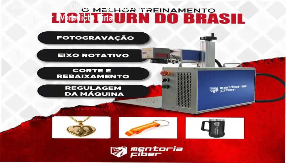 Tela da plataforma mostrando a Mentoria Fiber com biblioteca de parâmetros Lightburn para Fiber Laser