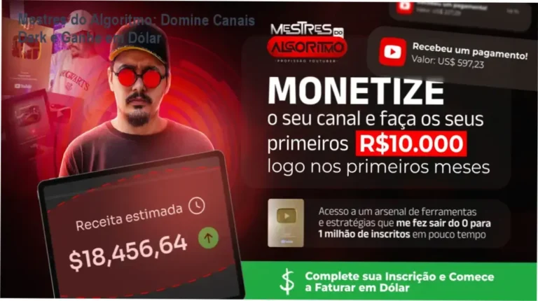 Imagem promocional do curso Mestres do Algoritmo mostrando bônus de IA e ganhos em dólar