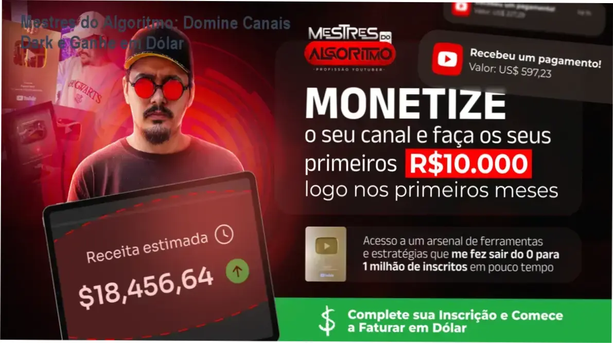 Imagem promocional do curso Mestres do Algoritmo mostrando bônus de IA e ganhos em dólar