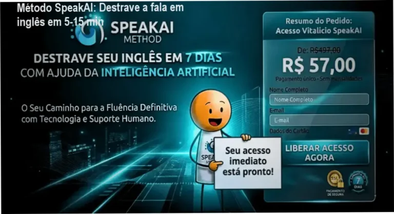 Imagem promocional do Método SpeakAI mostrando desconto de R$57 e acesso vitalício