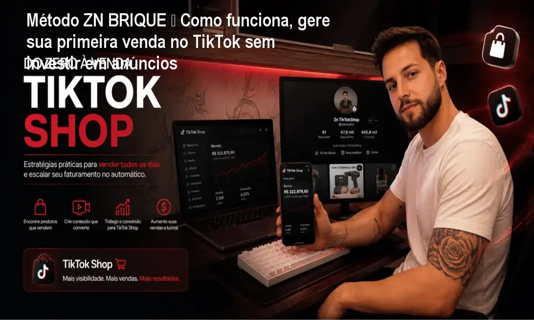 Imagem do curso Método ZN BRIQUE mostrando a tela de um celular com TikTok e o destaque de ganhos iniciais