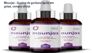 Frasco de Mounjax gotas para emagrecimento, mostrando a aplicação sublingual e resultados de queima de gordura