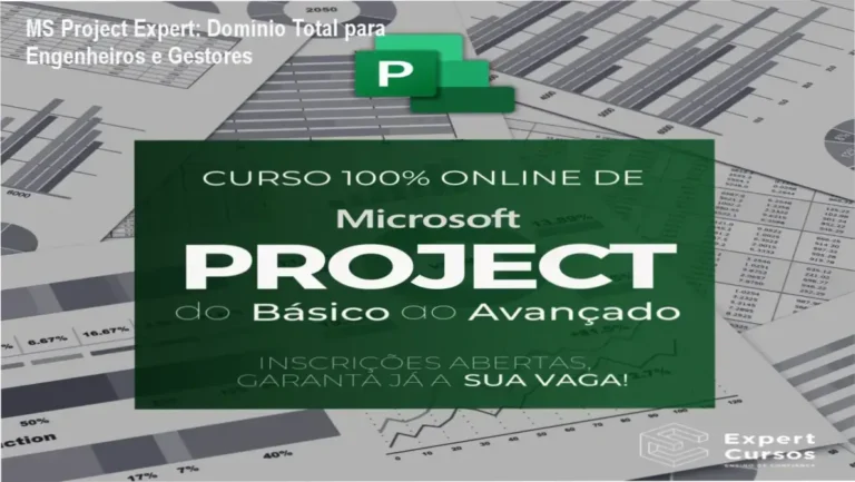 Tela do curso MS Project Expert mostrando módulos e planilhas de gestão de obras