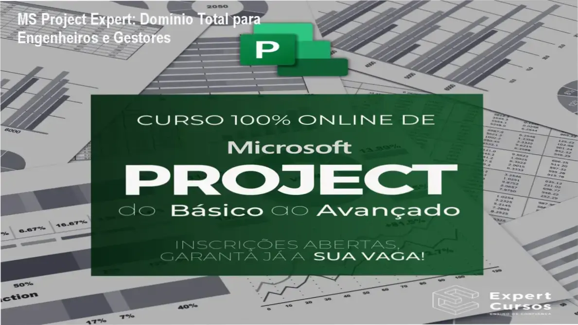 Tela do curso MS Project Expert mostrando módulos e planilhas de gestão de obras