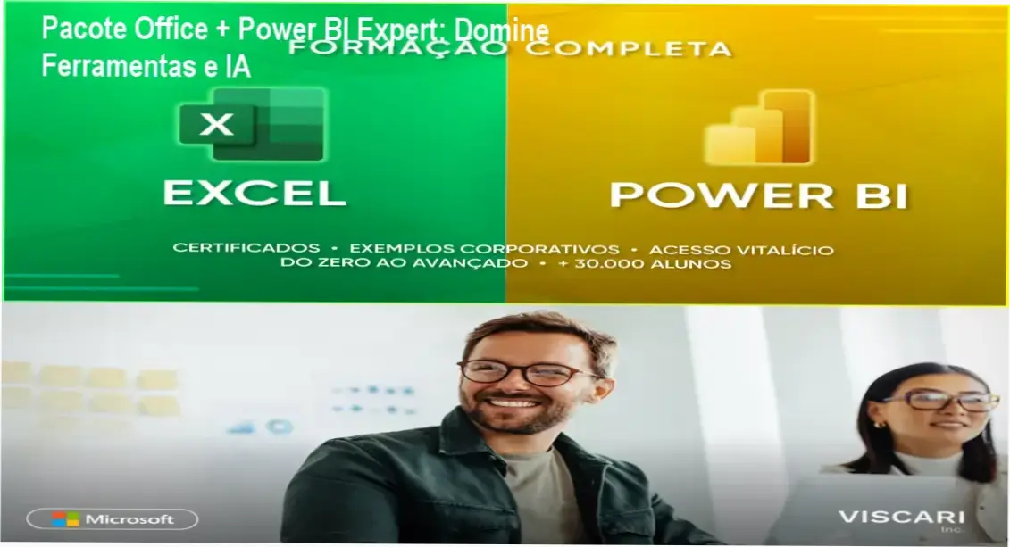 Imagem promocional do Pacote Office + Power BI Expert com destaque para IA e oferta oficial