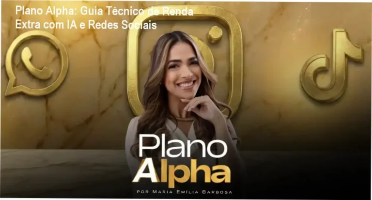 Imagem promocional do Plano Alpha mostrando celular, ícones de Instagram, TikTok e IA, ressaltando renda extra online