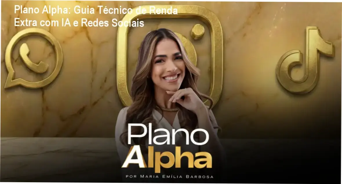 Imagem promocional do Plano Alpha mostrando celular, ícones de Instagram, TikTok e IA, ressaltando renda extra online